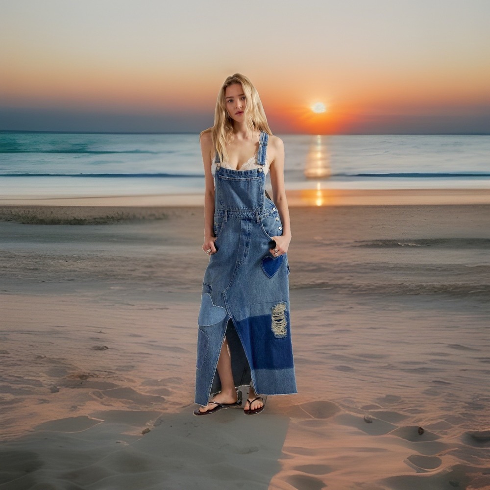 NWT We The Free People Key My Heart Patchwork Denim Skirtalls Overalls Large/L